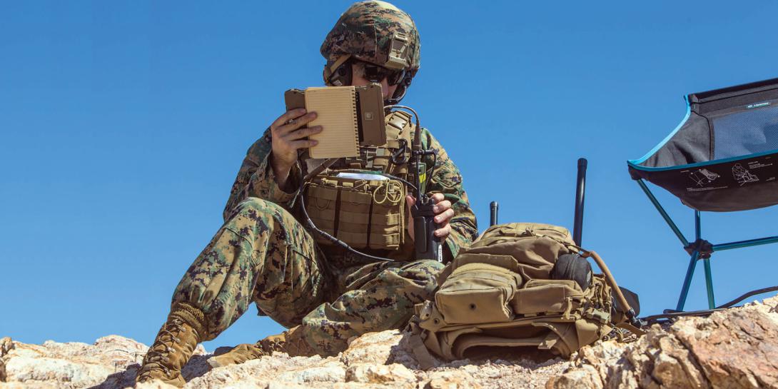 Master Sgt. Bryan Norman, USMC, marks targets for close-air support during last fall’s Weapons and Tactics Instructor Course 1-18 in Yuma, Arizona. The course provided air wing personnel a first chance to try the THS V.2 in that environment.