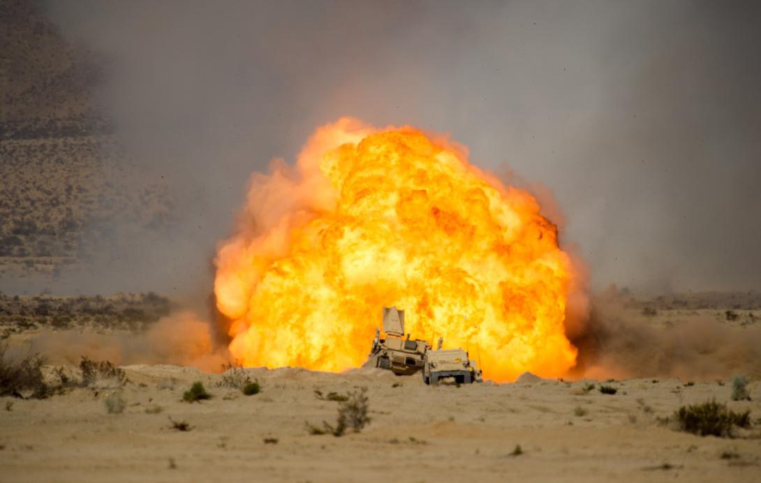 U.S. Marines clear a mine during training. Composite metal foam may provide blast and ballistic protection for warfighters of the future.