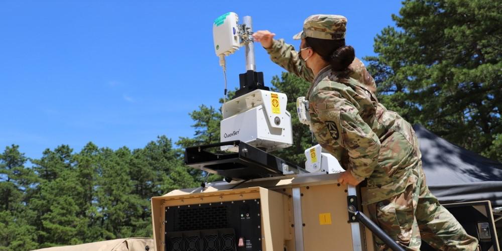 Staff Sgt. Keila Peters, USA, an embedded noncommissioned officer within the Army C5ISR Center, conducts testing on equipment for the command post survivability effort during Network Modernization Experiment 20 at Joint Base McGuire-Dix-Lakehurst, New Jersey, July 27, 2020. The Army's new deputy chief of staff for G6 has laid out three pillars for his restructured office that include cyber, signal, electronic warfare and networking priorities. Credit: U.S. Army C5ISR Center photo/Jasmyne Douglas