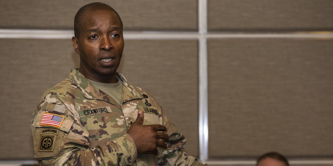 Lt. Gen. Bruce Crawford, USA, the Army's soon-to-retire CIO/G-6, attends a working lunch during the Joint Warfighting Assessment on Joint Base Lewis-McChord, Wash., May 1, 2019. The CIO said during the Army’s virtual 2020 Signal Conference hosted by AFCEA that the time is right for the service to split the CIO and G-6 offices. Credit: Sgt. Torrance Saunders