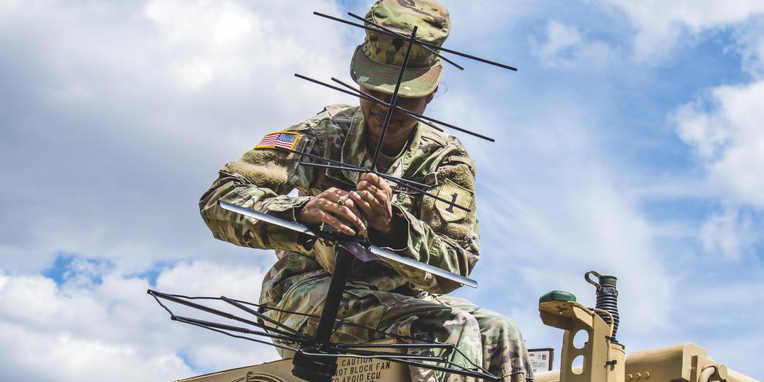 A soldier helps set up a tactical command post to test communications in Germany, July 8, 2019. The Army is releasing a flurry of documents, including a pending posture statement, outlining its modernization plans for 2035. Credit: Army Sgt. Patrick Jubrey