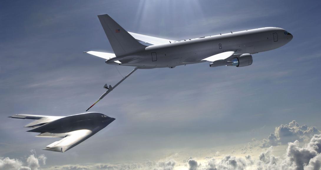 A KC-46 conducts in-flight refueling for a B-2 bomber. A new methodology for assessing cyber resiliency has been applied to the KC-46 and is being applied to the B-2 and other Air Force weapon systems. credit: Air Force illustration