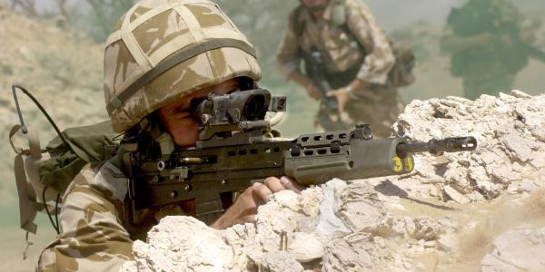 British troops practice attack drills during exercises in Oman. U.S. and U.K. researchers have teamed with industry and academia to develop better technologies for future coalition forces.