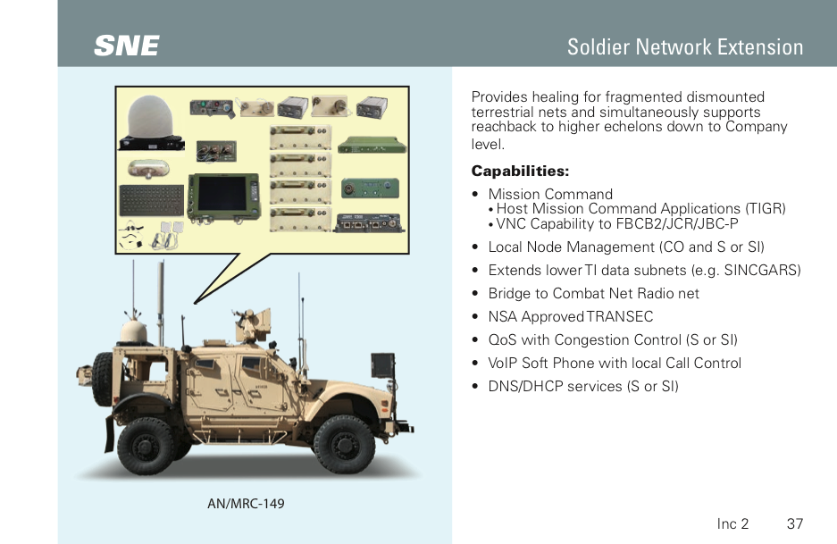 The Soldier Network Extension (SNE) is a lower level network “healing” node that also passes messages and data up the chain of command.