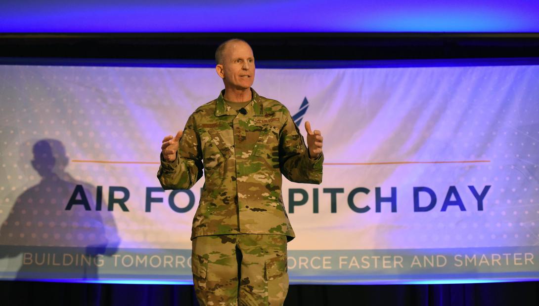 Gen. Stephen W. Wilson, USAF, vice chief of staff, Air Force, speaks to a crowd of small businesses, venture capitalists and airmen during the Inaugural Air Force Pitch Day. Air Force Pitch Day is designed as a fast-track program to put companies on one-page contracts and same-day awards with the swipe of a government credit card. (U.S. Air Force photo by Tech Sgt. Anthony Nelson Jr.)