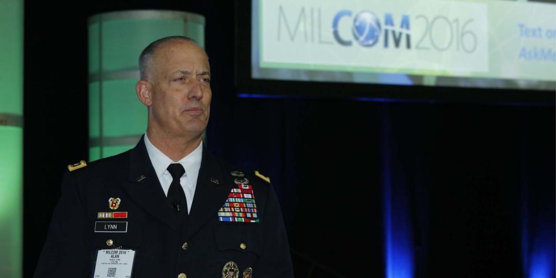 Lt. Gen. Alan Lynn, USA, director of DISA and JFHQ-DODIN, addresses cyber-based network issues at MILCOM 2016 in Baltimore. Photo by Mike Carpenter