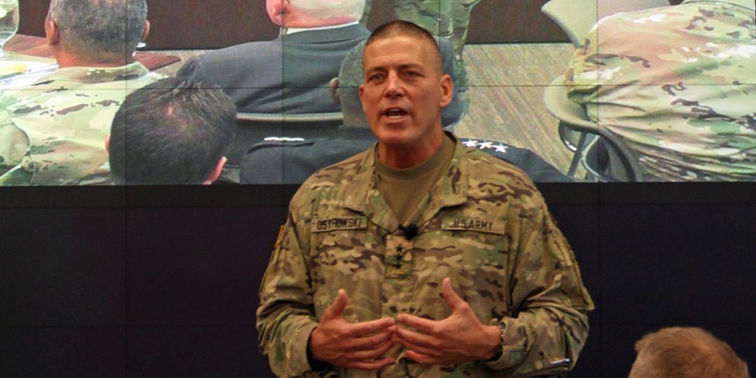 At a recent Association of the United States Army event, Lt. Gen. Paul Ostrowski, USA, outlines how the Army’s new Futures Command will work with the service’s acquisition community. Photo credit: Anna Neubauer