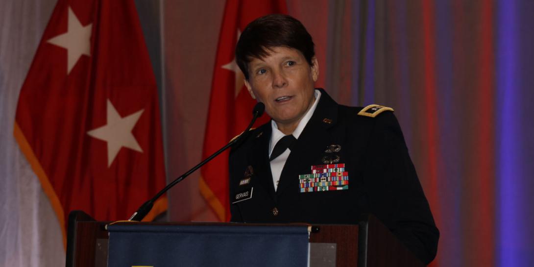 Maj. Gen. Maria Gervais, USA, STE cross-functional team director, Army Futures Command, addresses the AFCEA TechNet Augusta conference. Photo by Michael Carpenter