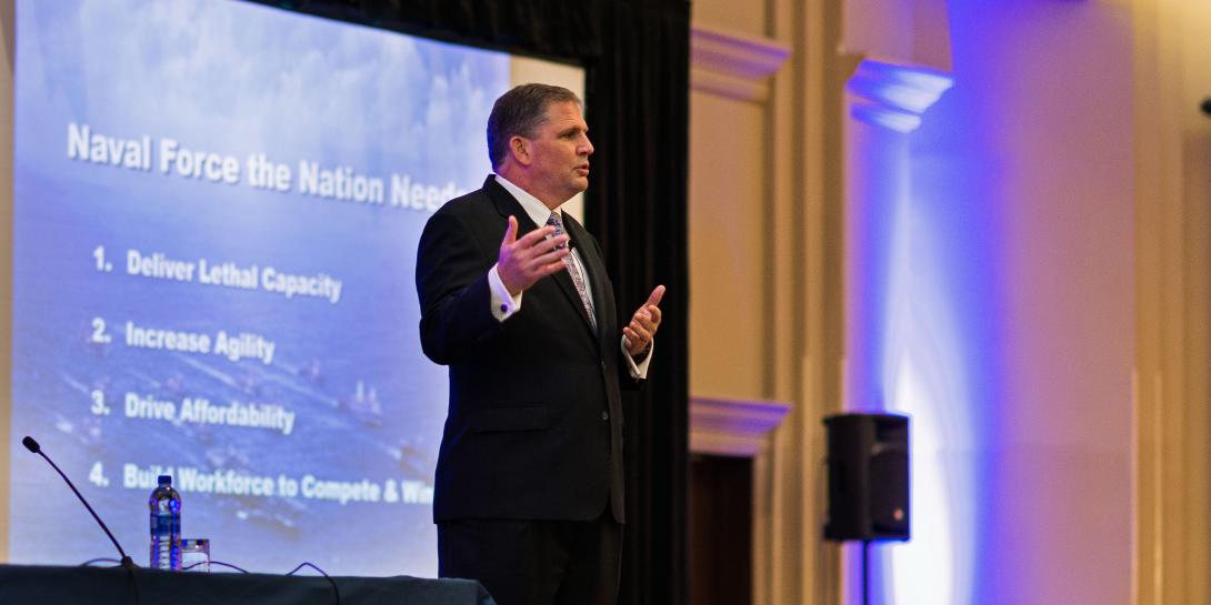 James F. Geurts, assistant secretary of the Navy for research, development and acquisition, speaks at the AFCEA Small Business Innovation Summit. Photo by Elizabeth Moon