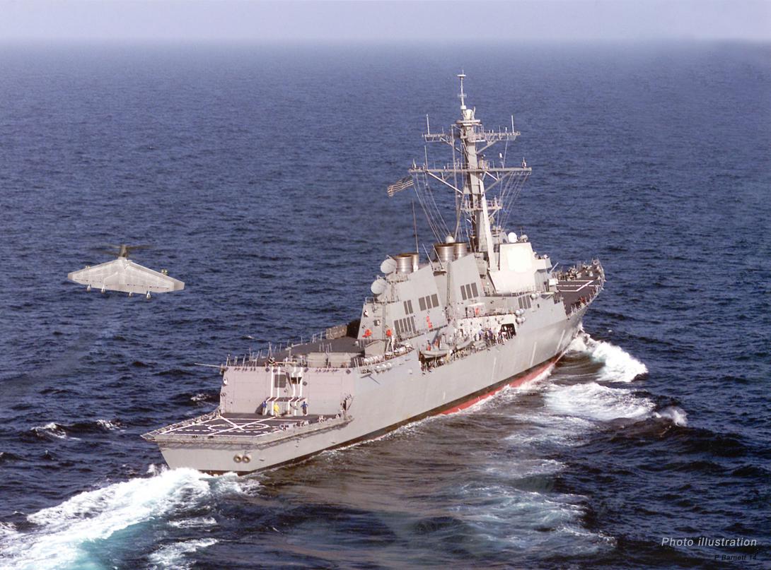 Tern’s defining characteristic is its ability to land and take off vertically, like a helicopter from the deck of a Navy warship. Once the UAS is safely away from the ship, it transitions to horizontal flight and operates like a conventional fixed-wing aircraft. Photo illustration by Northrop Grumman
