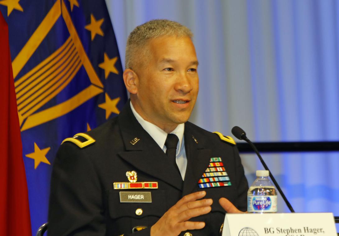 Brig. Gen. Stephen Hager, USAR, deputy commander of operations, Cyber National Mission Force, U.S. Cyber Command, speaks during a panel at DCOS.