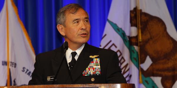 Adm. Harry Harris, USN, commander of U.S. Pacific Command, delivers a keynote address at West 2017 in San Diego. Photo by Michael Carpenter