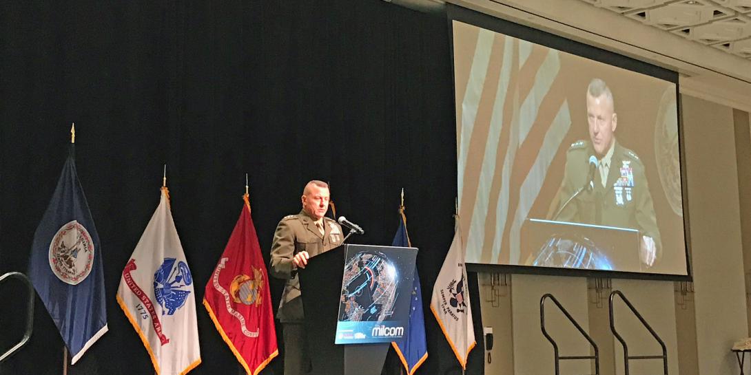 Lt. Gen. Robert F. Hedelund, USMC, commander, U.S. Marine Corps Forces Command, addresses the MILCOM 2019 audience.