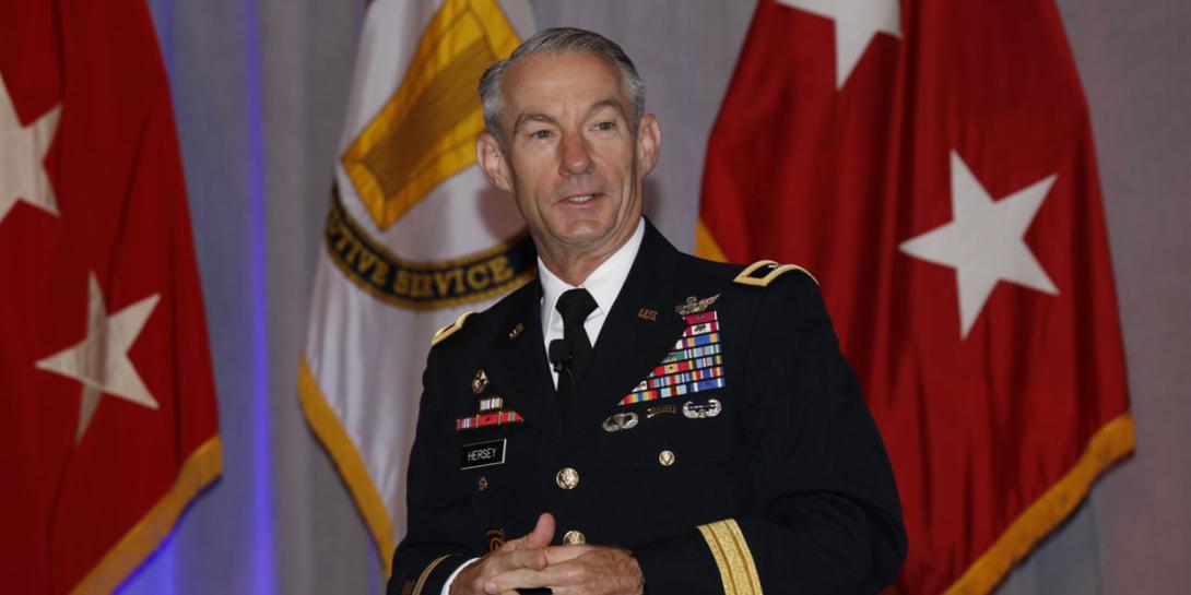 Maj. Gen. Neil Hersey, USA, commander, of the U.S. Army Cyber Center of Excellence and Fort Gordon, speaks at TechNet Augusta. Photo by Michael Carpenter