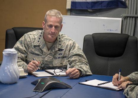 Gen. Terrence O’Shaughnessy, USAF, commander of North American Aerospace Defense Command and U.S. Northern Command, leads a Defense Department senior leader conference call while aboard the USS Kearsarge off the coast of North Carolina. The general was aboard the Kearsarge to discuss and coordinate recovery efforts following Hurricane Florence. Credit: Courtesy photo NORTHCOM