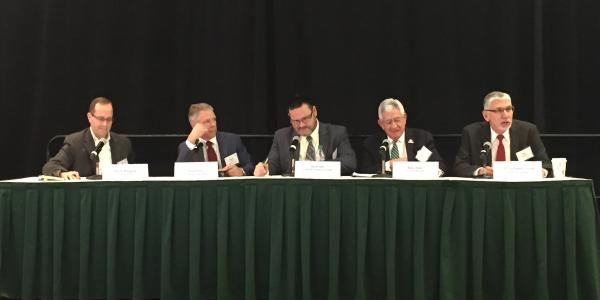 Lt. Gen. Rhett Hernandez, USA (Ret.) (far r), AWest Point chair to the Army Cyber Institute and former commander of the U.S Army Cyber Command, moderates the "Cyber Educator Perspective & Priorities" panel alongside (l-r) Jim Yacone, director of federal operations, SANS Technology Institute; Michael Moniz, Circadence Corporation; David Snow, University System of Georgia; and Robert Quinn, St. Leo University. 