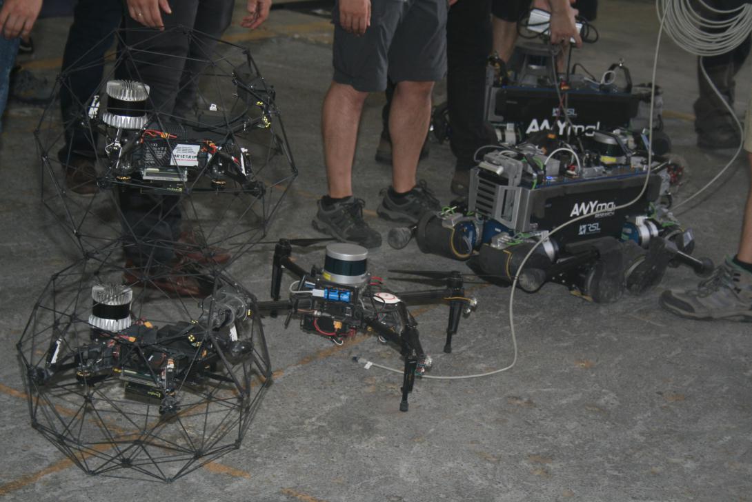 Team Cerebus experiments with caged drones for collision protection in the mine.
