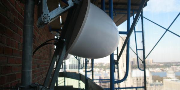 One of four phased array antennas is mounted on the top wall of Columbia University’s engineering building as part of the COSMOS wireless testbed, designed to test emerging wireless capabilities in an urban environment.