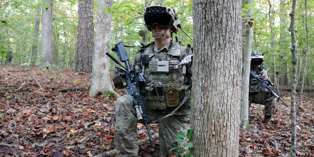 A soldier dons the Capability Set 3 (CS 3) militarized form factor prototype of the Integrated Visual Augmentation System (IVAS) during a Soldier Touchpoint 3 live fire test event at Fort Pickett, Virginia, in October 2020. U.S. Army photo by Courtney Bacon