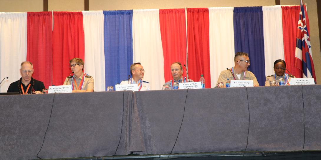 Members of the TechNet Indo-Pacific J-6 panel include (l-r) panel moderator Brig. Gen. Paul Fredenburgh, USA (Ret.), AFCEA International; Brig. Gen. Jacqueline “Denise” Brown, USA, USINOPACOM; Col. Donald “Thunder” Cloud, USAF, U.S. Pacific Air Forces; Robert A. Stephenson, U.S. Pacific Fleet; Col. Koichi Takagi, USMC, U.S. Marine Forces Pacific; and Col. Lisa D. Whittaker, USA, U.S. Army Pacific. Credit: Dave Livingston photo