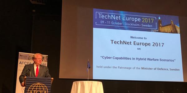 Swedish Defense Minister Peter Hultqvist addresses the audience at TechNet Europe 2017 in Stockholm.