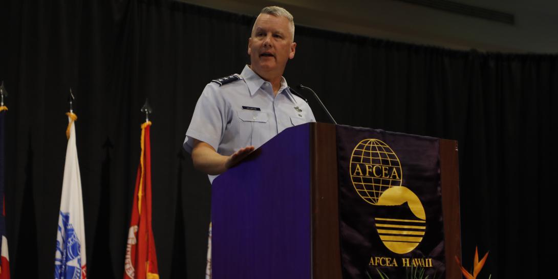 Lt. Gen. James Jacobson, USAF, deputy commander, U.S. Pacific Air Forces, describes the command’s pursuit of technology at TechNet Indo-Pacific. Credit: Tony Grillo photo