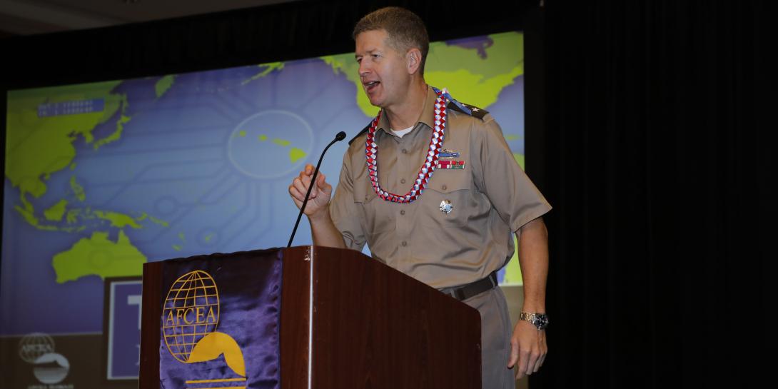 Maj. Gen. James B. Jarrard, USA, chief of staff of INDOPACOM, describes the command's requirements at TechNet Indo-Pacific. Credit: Tony Grillo photo