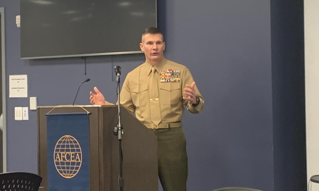 Brig. Gen. Mark Clingan, USMC, assistant deputy commandant, Combat Development and Integration, and deputy commanding general, Marine Corps Combat Development Command, explains at AFCEA Quantico-Potomac’s chapter event on January 28 the steps the Marine Corps is taking to thrive in a contested maritime environment as part of a larger Naval Expeditionary Force.