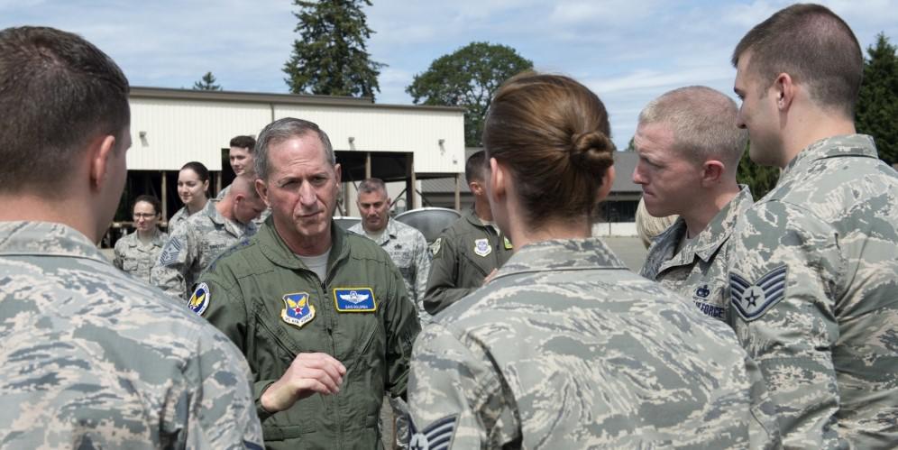 Chief of Staff of the Air Force Gen. David Goldfein, USAF, speaks to airmen at Joint Base Lewis-McChord, Washington, in June 2018. With the advent of the COVID-19 pandemic, Gen. Goldfein is taking steps as part of a second retooling effort for the service to operate over the next year under the "new abnormal" environment. Credit: U.S. Air Force photo by A1C Sara Hoerichs