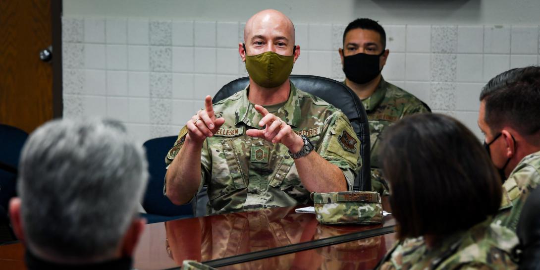 Chief Master Sgt. Denzil Hellesen, USAF (c), 3D0XX career field manager, speaks to other cyber career field leaders during a meeting at Sheppard Air Force Base, Texas, on August 23. Leaders held a week-long conference to discuss how to transform the service’s cyberspace career fields to advance Air Force cyber capabilities. Credit: U.S. Air Force photo by John Ingle