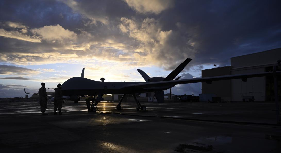 Airmen from the 49th Aircraft Maintenance Squadron perform maintenance on a MQ-9 Reaper September 20, 2021, on Marine Corps Base Hawaii, Hawaii. The unmanned aircraft provides key functions to the service’s and special operation missions. Credit: U.S. Air Force photo by Airman 1st Class Adrian Salazar