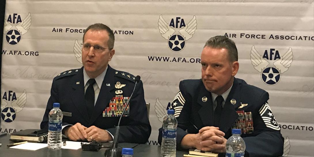 The Air Force Special Operations Command's (AFSOC’s) development of a 60-kW laser weapon system is on track, says AFSOC’s new commander, Lt. Gen. James Slife (l), at the Air Force Association’s Air, Space and Cyber Conference yesterday.