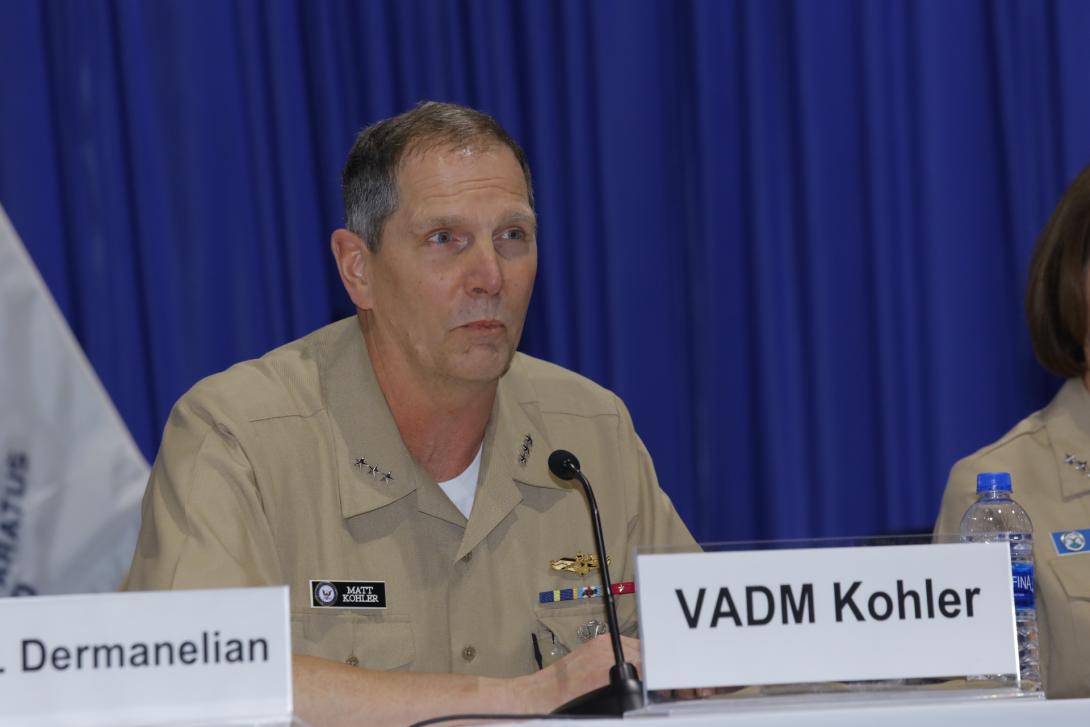 Vice Adm. Matthew Kohler, USN, deputy chief of Naval operations for information warfare and director of Naval intelligence, discusses cyber on a panel at West 2019. Photo by Michael Carpenter