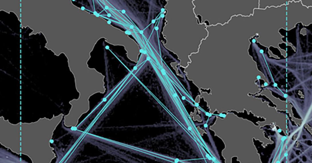 Researchers are tackling maritime situational awareness challenges on multiple fronts. This traffic graph and density map, extracted from automated identification system data of ship routes in the Ionian Sea, aids in establishing a baseline for maritime traffic analysis and prediction.  Artwork by Centre for Maritime Research and Experimentation/ Data Knowledge and Operational Effectiveness