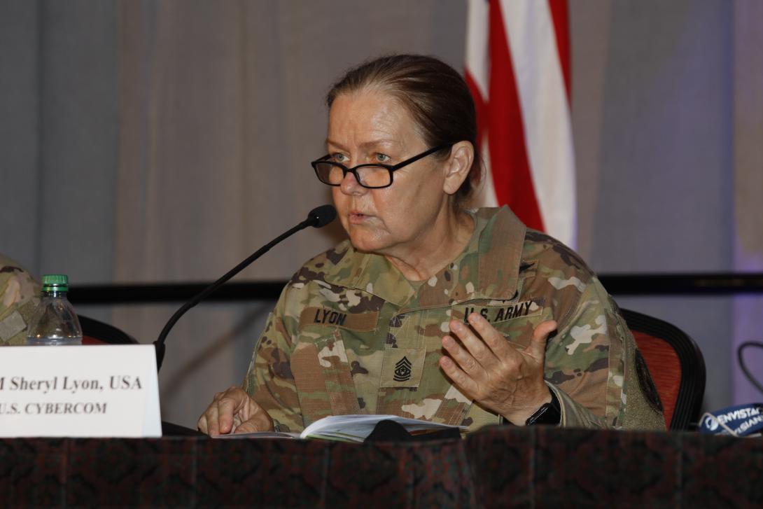 CSM Sheryl Lyon, USA, discusses cybersecurity on a panel at TechNet Augusta 2021.Photo by Michael Carpenter
