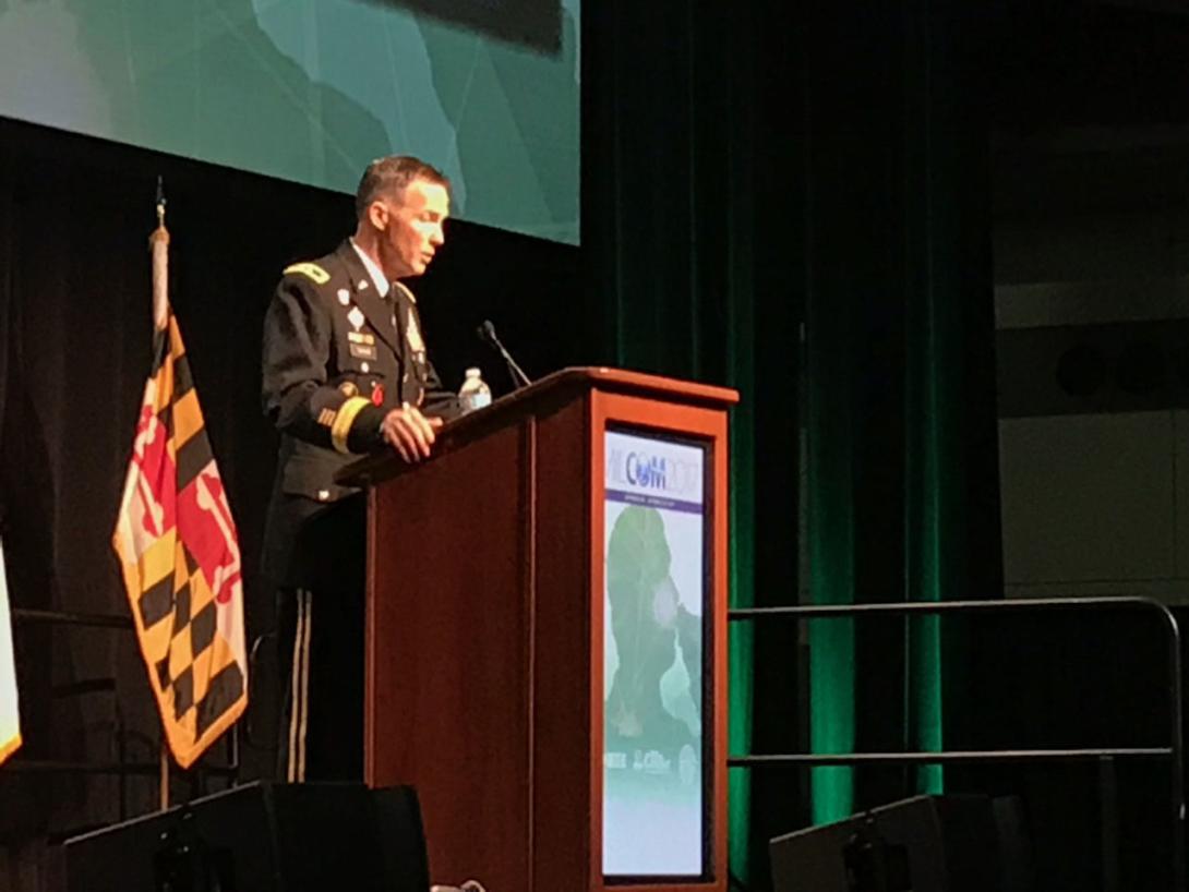 Maj. Gen. Randy Taylor, commanding general of CECOM, speaks at MILCOM 2017 in Baltimore.