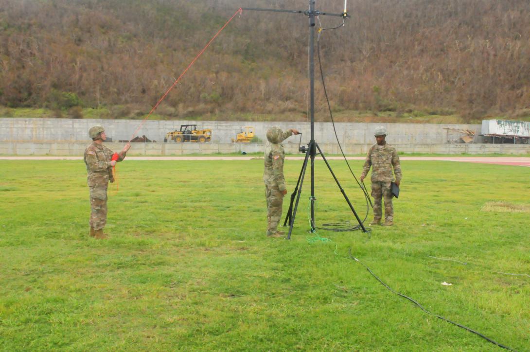Soldiers from the 3rd Military Information Support Battalion set up an antenna to transmit text messages in St. Thomas. This helped get information to the Virgin Islands after Hurricane Irma hit.