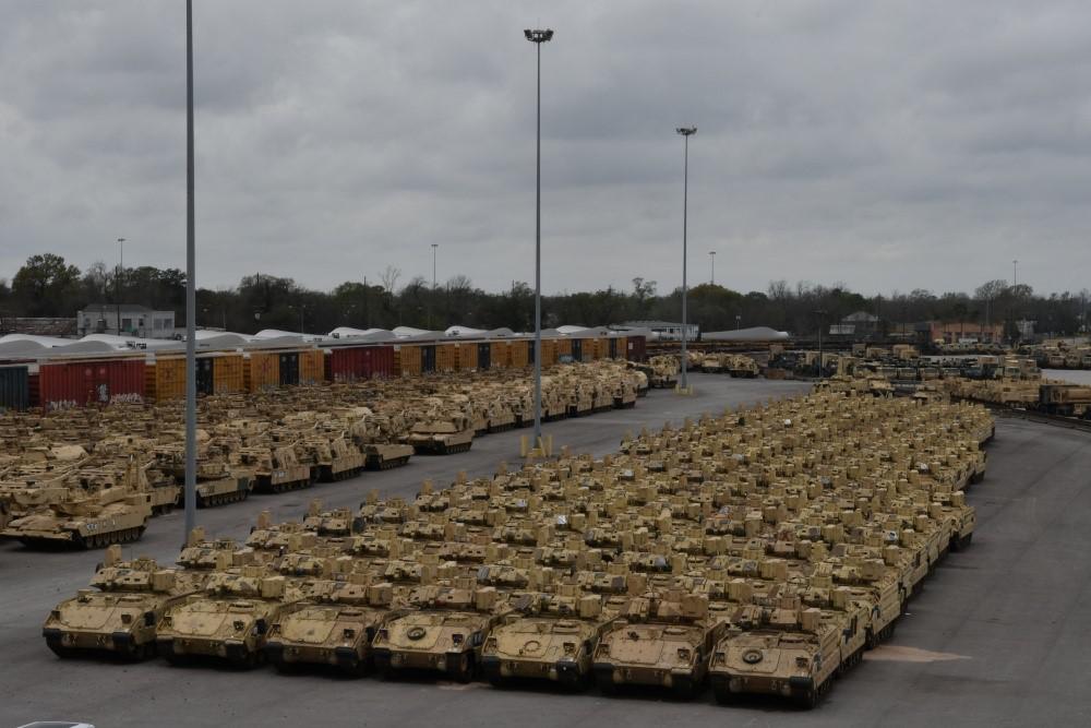 Containers and vehicles were part of Defender-Europe 20 at the Port of Beaumont, Texas, the exercise aimed at the deployment of a division-size combat-credible force from the United States to Europe. Credit: U.S. Army photo/Kimberly Spinner