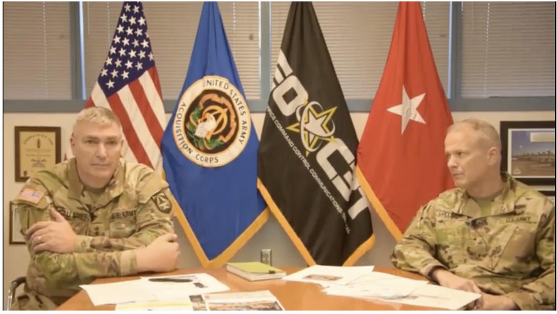 Maj. Gen. Peter Gallagher, USA (l), and Brig. Gen. Rob Collins, USA, discuss the U.S. Army’s current and future network plans to help industry understand the service’s requirements. 