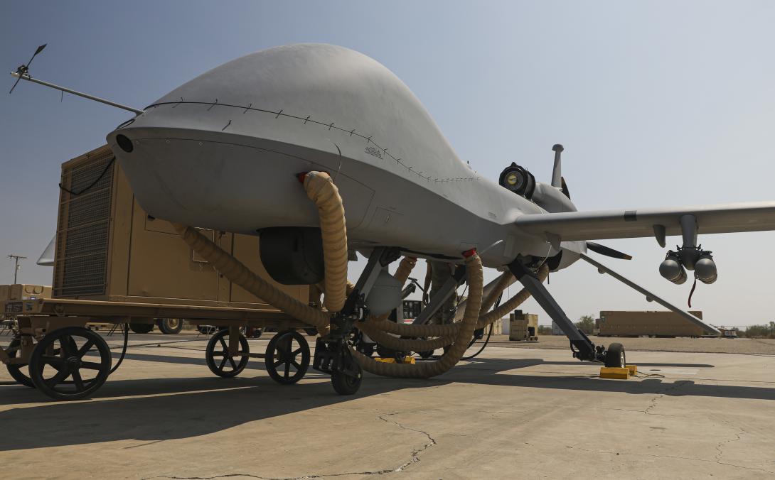 Gearing up for takeoff, an extended range/multipurpose unmanned aircraft system is transported to testing zones during Project Convergence 20. Autonomous weapons systems can actively disperse hellfire missiles on enemy targets without physical U.S. forces present. U.S. Army photo by Spc. Jovian Siders, 92nd Combat Camera Company
