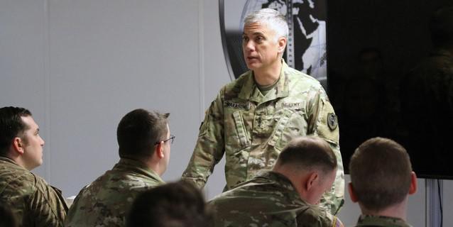 Gen. Paul M. Nakasone, USA, tells Army National Guard soldiers U.S. Cyber Command is only as good as all the components, including Active, Reserve and National Guard. Photo by Steven Stover, 780th Military Intelligence Brigade
