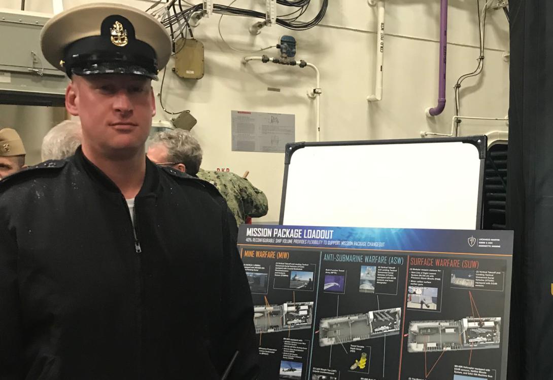 MNC Patrick Ischep, USN, describes the USS Sioux City’s flexibility as a warship, configured for mine warfare, antisubmarine warfare or surface warfare. Credit: Kim Underwood