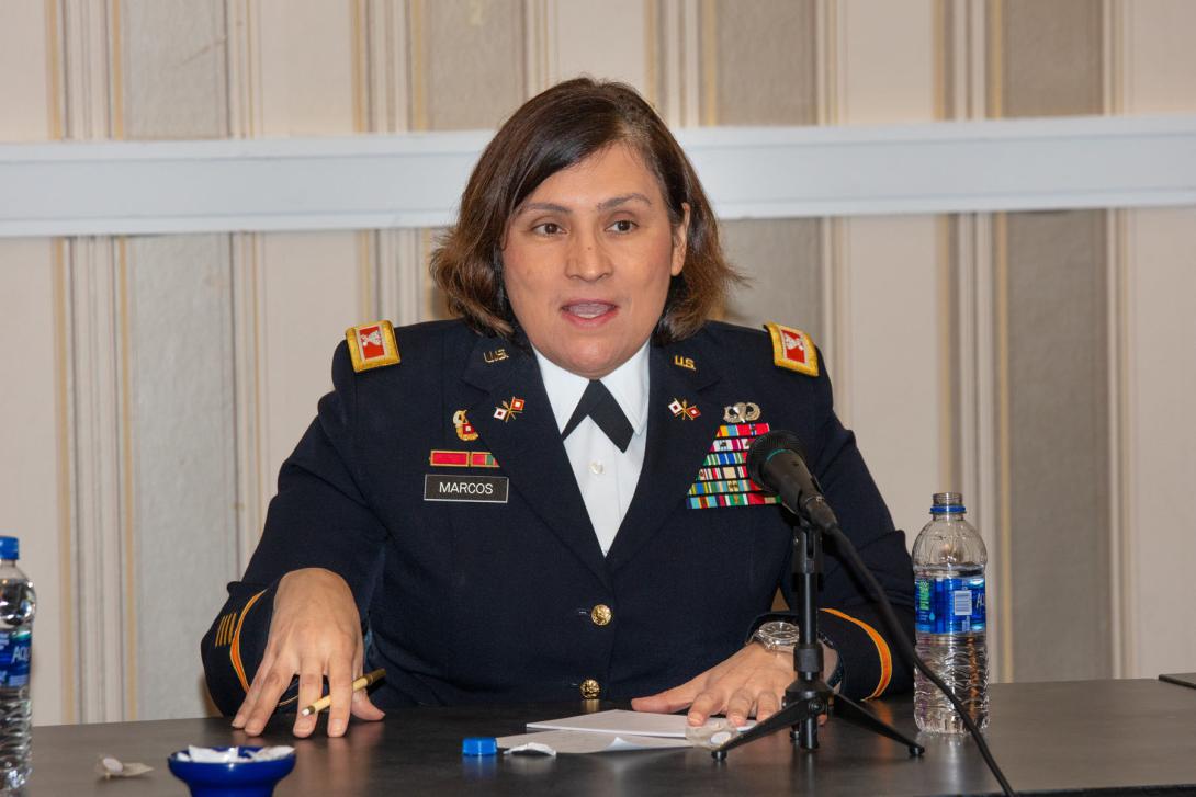 Col. Nora Marcos, USA, chief of staff for the Army's Network Cross-Functional Team, participates in AFCEA Belvoir Industry Days, sharing her perspective on what the Army needs from industry. Credit: Michael Carpenter