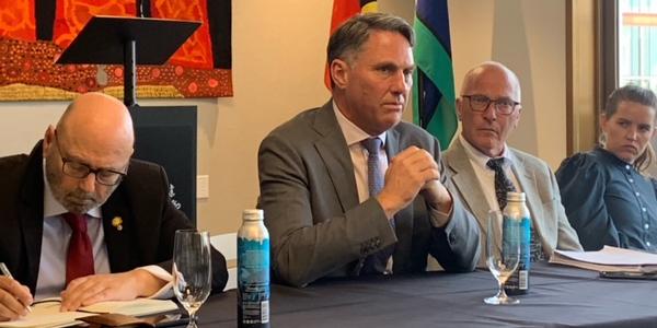 Richard Marles (c), deputy prime minister of Australia and their minister of defense speaks at the Australian Embassy on July 14 about the new government’s plans to strengthen the AUKUS alliance with the United States and the United Kingdom to increase technology collaboration.