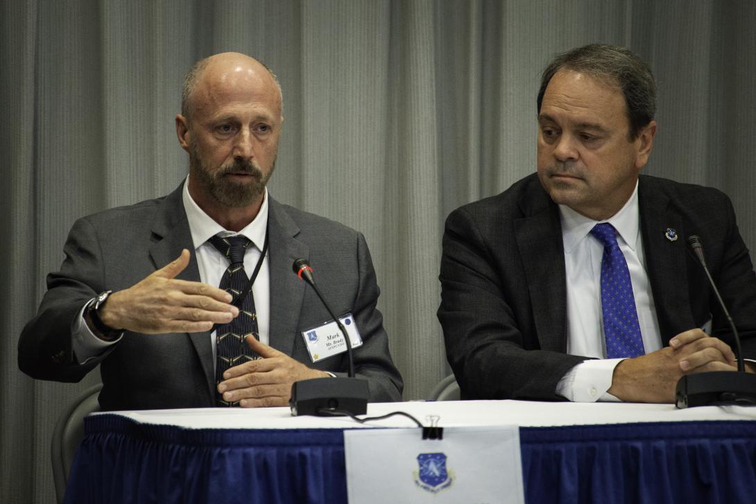 Information sharing and appropriate access to data is the priority of the Space Force’s first chief data officer, Mark Brady (l). “We want to measure how effectively a person is doing their job by how much they’re getting their data out there and sharing it with other people who are pursuing the same mission,” he says.  U.S. Air Force photo by Staff Sgt. Justin Armstrong