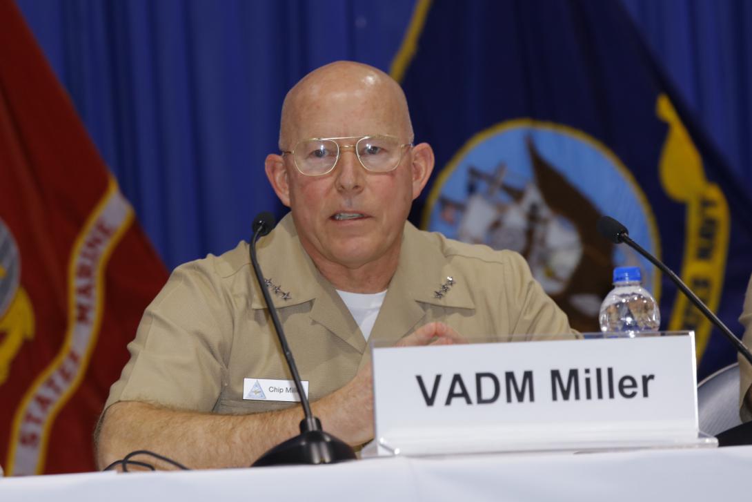 Vice Adm. DeWolfe Miller III, USN, commander, Naval Air Forces/commander, Naval Air Force, Pacific Fleet, serves on a panel at West 2019. Photo by Michael Carpenter