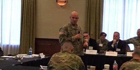 Maj. Gen. James J. Mingus, USA, director, U.S. Army Mission Command Center of Excellence, addresses members of the military and industry who attended the AFCEA Mission Command Industry Engagement roundtable prior to the opening of the symposium.