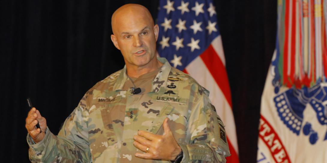 Maj. Gen. James J. Mingus, USA, commanding general, 82nd Airborne Division, speaks at AFCEA’s TechNet Augusta conference. Photo by Michael Carpenter