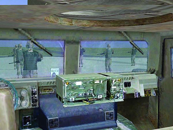 A drawing shows a radio system deployed in the field while the adjoining photograph shows engineers emulating upgrades on the same system in a lab setting.