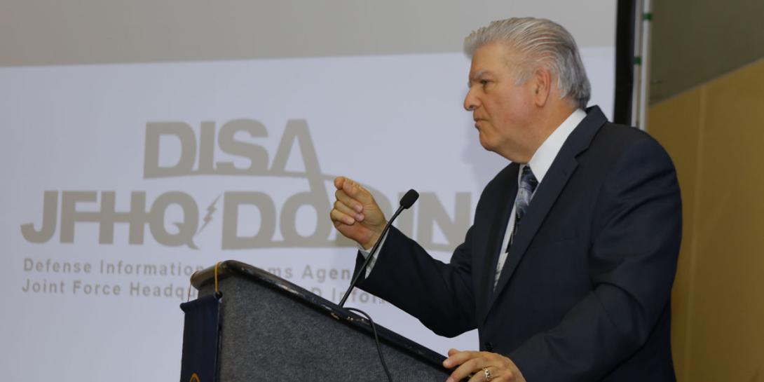 Anthony Montemarano, executive deputy director, DISA, speaks at the Defensive Cyber Operations Symposium.